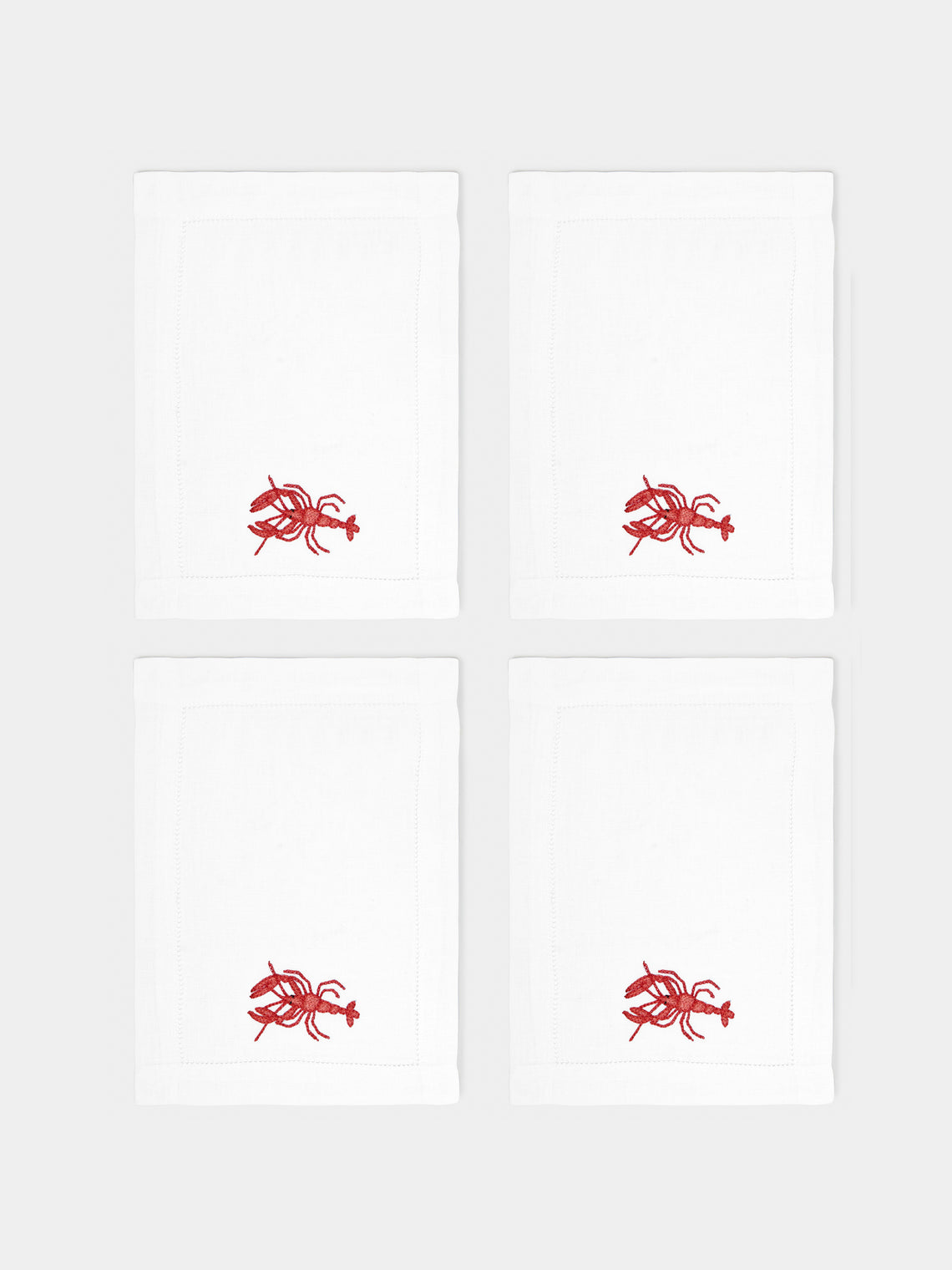 Loretta Caponi - Lobster Hand-Embroidered Linen Cocktail Napkins (Set of 6) - White - ABASK