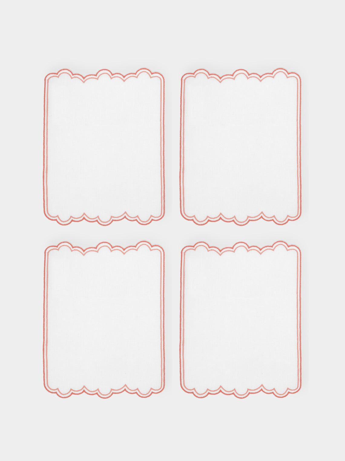 Los Encajeros - Escamas Embroidered Linen Cocktail Napkins (Set of 4) - Coral - ABASK