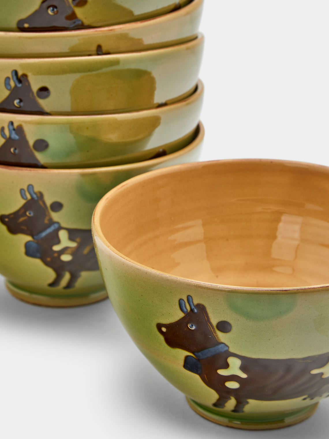 Poterie d’Évires - Cows Hand-Painted Ceramic Bowls (Set of 6) - Green - ABASK