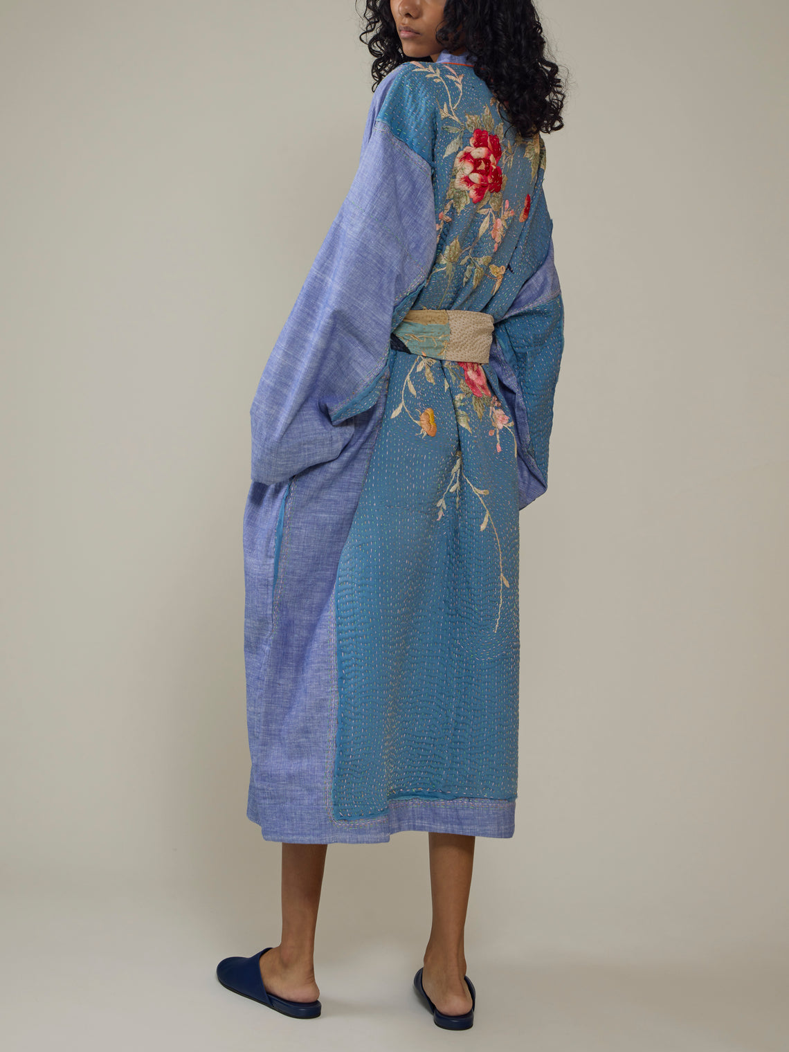 By Walid - 1920s Chinese Embroidered Silk Robe | One Size - Blue - ABASK
