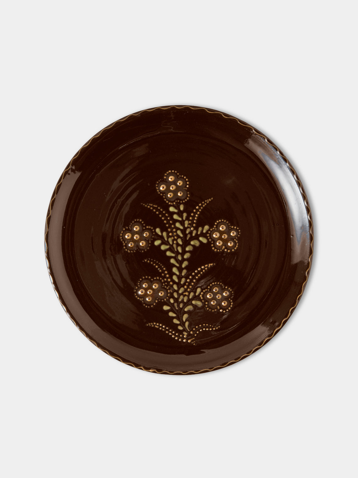 Poterie d’Évires - Flowers Hand-Painted Ceramic Dinner Plates – 9.5in/24cm (Set of 4) - Dark Brown - ABASK