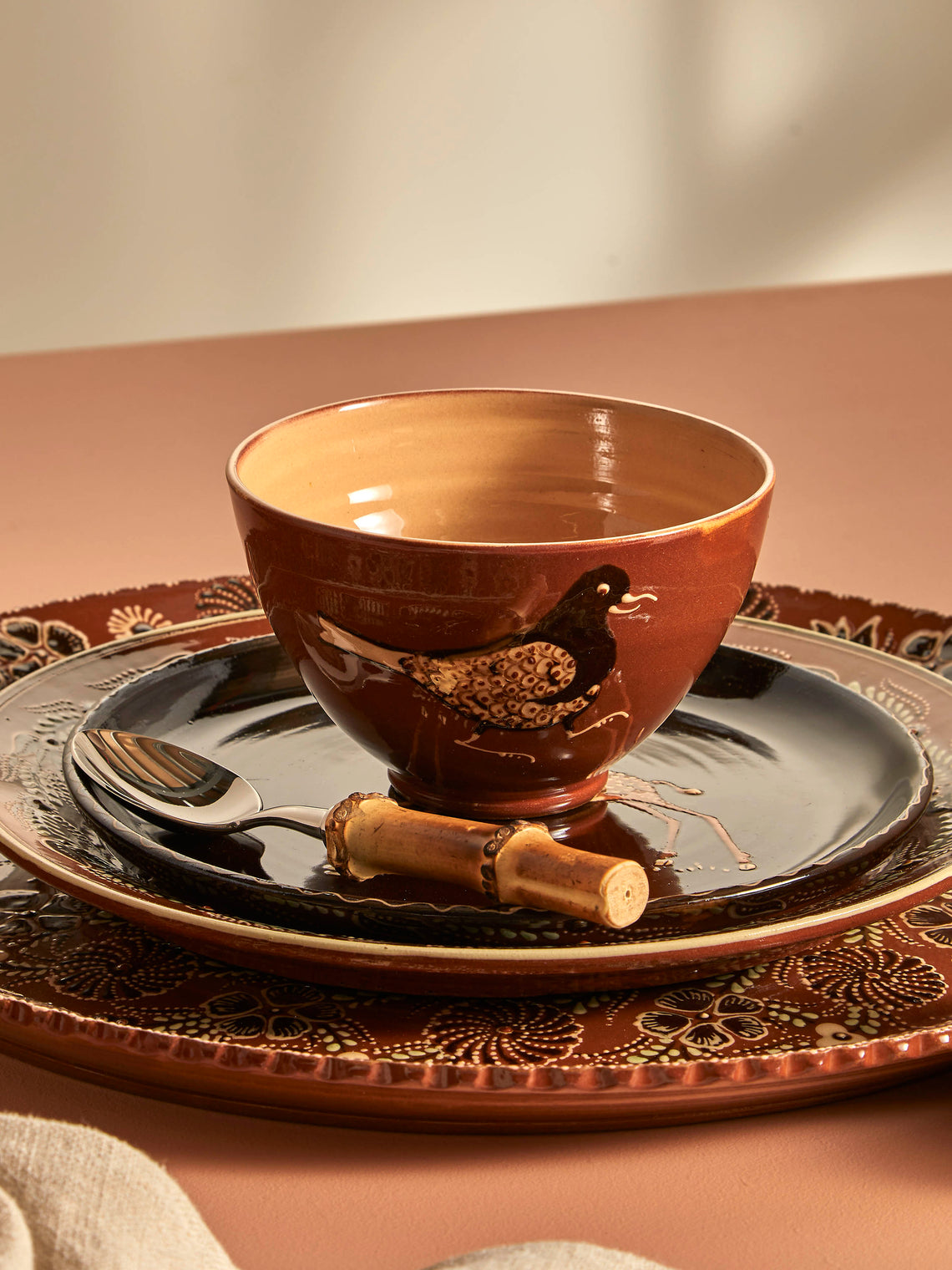 Poterie d’Évires - Flowers and Birds Hand-Painted Ceramic Bowls (Set of 6) - Light brown - ABASK