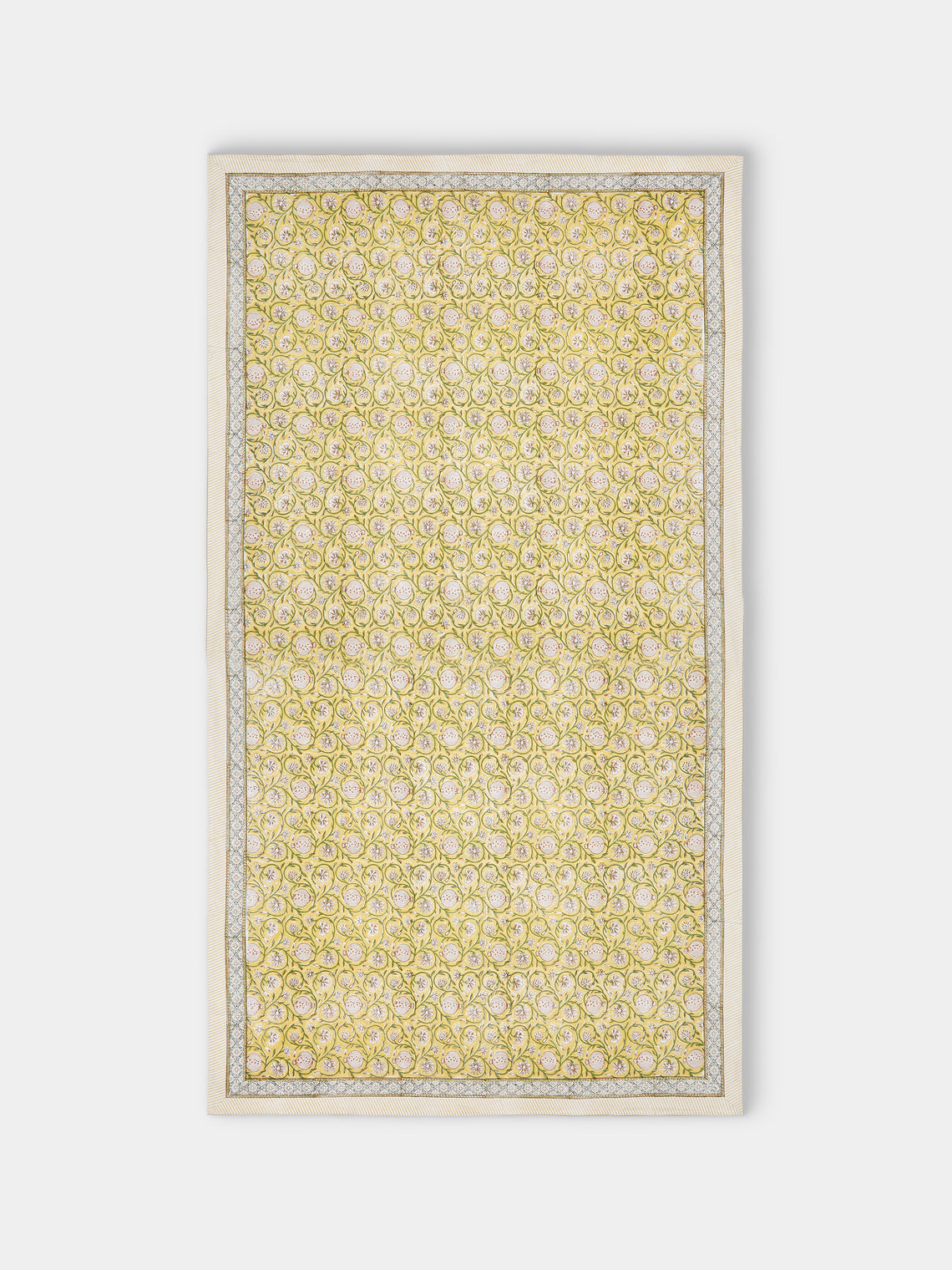Chamois - Tangier Pomegranate Block-Printed Cotton Rectangular Tablecloth (138in/3.5m) - Yellow - ABASK