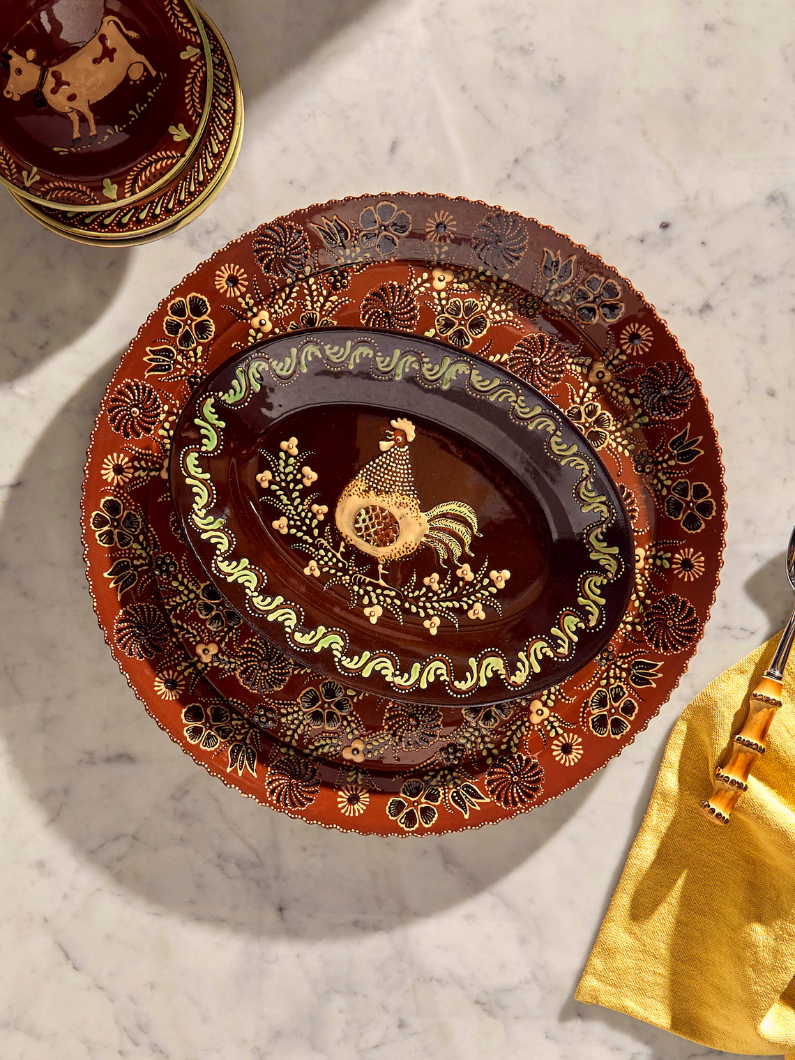 Poterie d’Évires - Chickens Hand-Painted Ceramic Oval Platter - Dark brown - ABASK