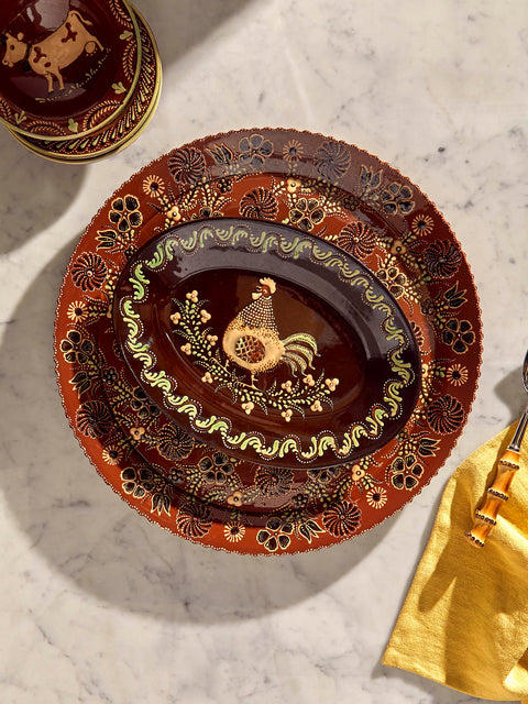 Poterie d’Évires - Chickens Hand-Painted Ceramic Oval Platter - Dark brown - ABASK