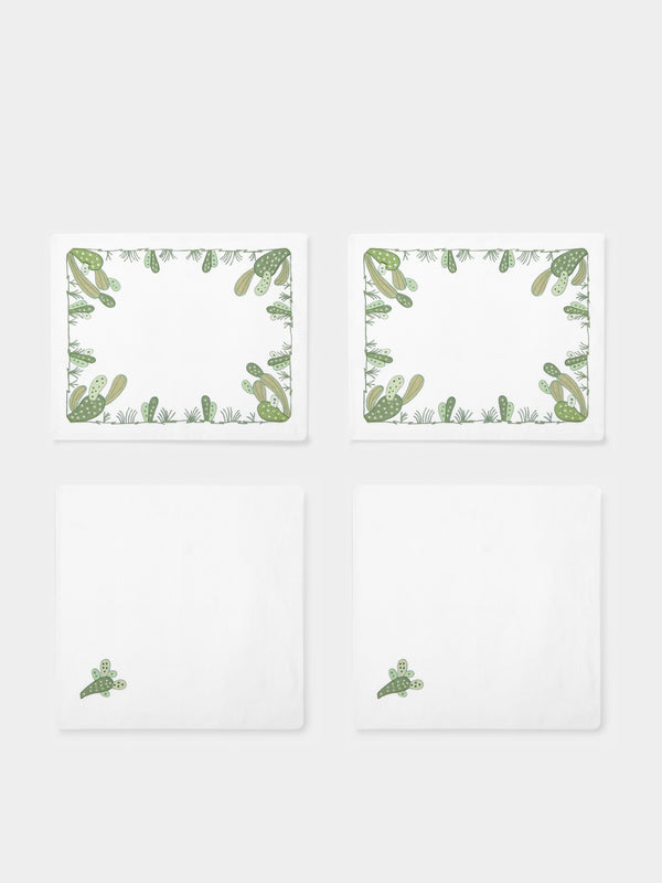 Loretta Caponi - Cactus Hand-Embroidered Linen Placemats and Napkins (Set of 2) -  - ABASK - 
