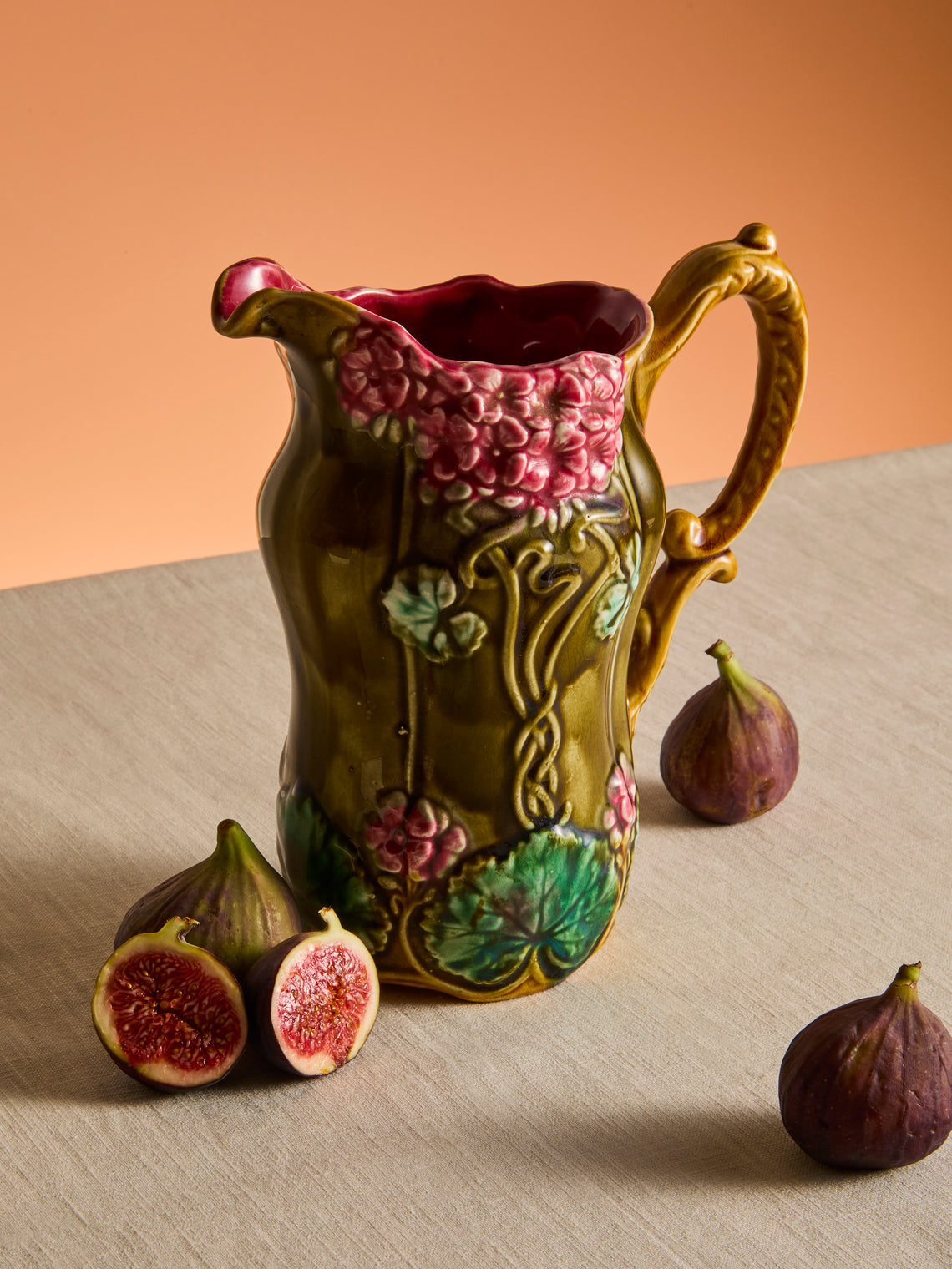 Antique and Vintage - 1940s Onnaing French Majolica Ceramic Hexagonal Jug - Green - ABASK