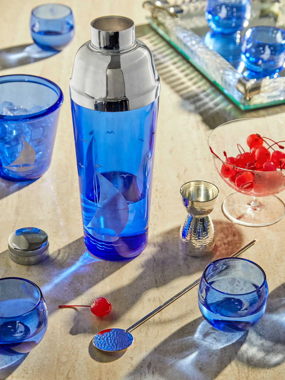 Antique and Vintage - 1930s Sportsman Series Sailboat Cocktail Set - Blue - ABASK