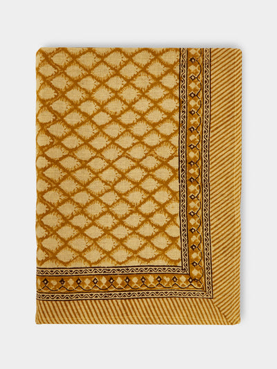 Chamois - Cypress Block-Printed Linen Rectangular Tablecloth (106.5in/2.7m) - Orange - ABASK - 