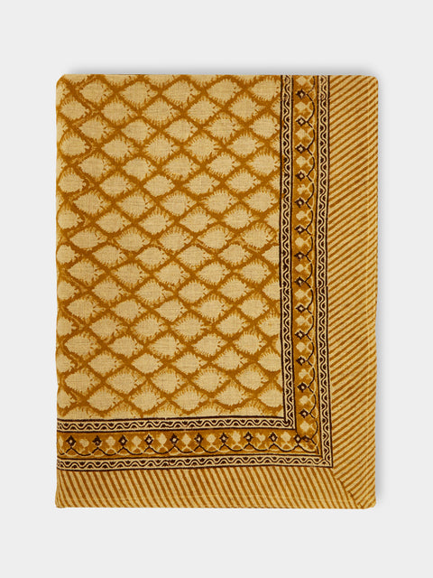 Chamois - Cypress Block-Printed Linen Rectangular Tablecloth (106.5in/2.7m) - Orange - ABASK - 