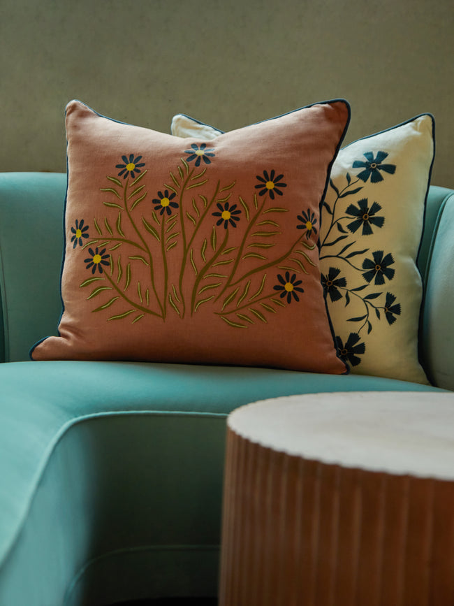 Rosemary Milner - Floral Hand-Embroidered Cotton Cushion -  - ABASK