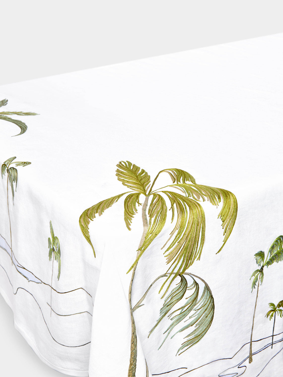 Loretta Caponi - Palm Tree Hand-Embroidered Linen Rectangular Tablecloth -  - ABASK