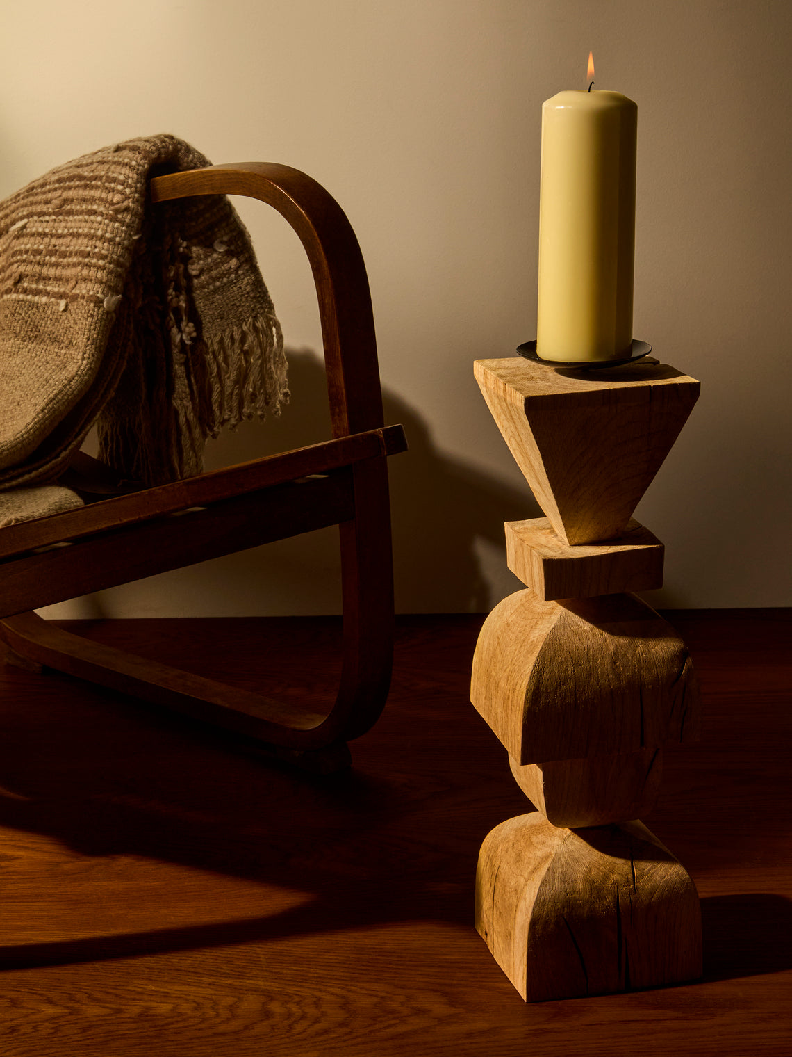 Jamie Gaunt Designs - Totem Hand-Carved Wood Candle Holder - Light Brown - ABASK