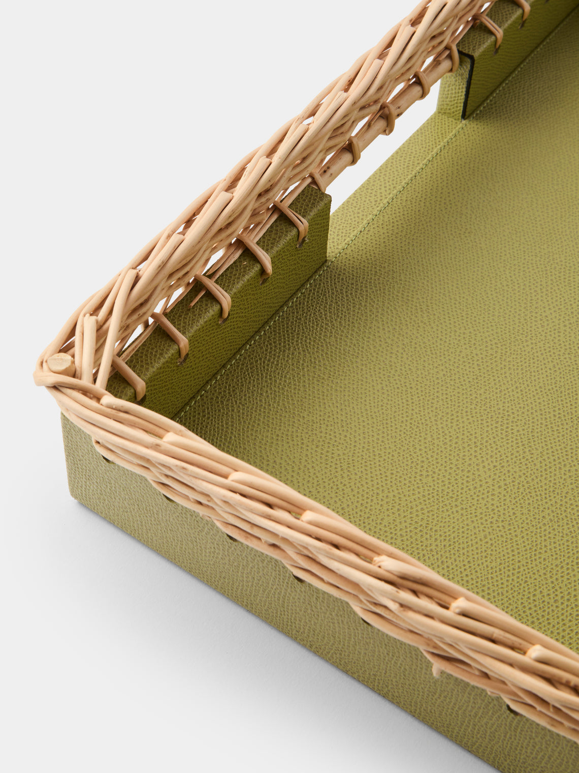 Pigment France - Giverny Leather and Rattan Tray (19in/49cm) - Green - ABASK