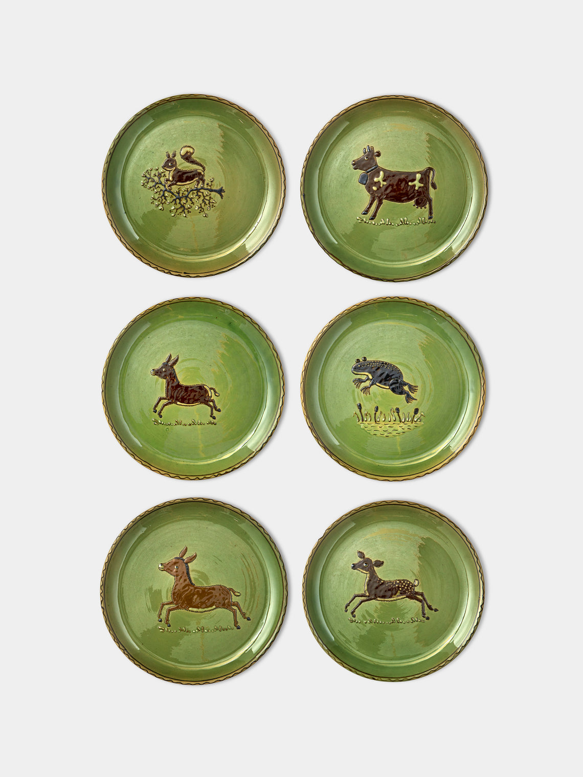 Poterie d’Évires - Animals Hand-Painted Ceramic Dinner Plates (Set of 6) - Green - ABASK - 