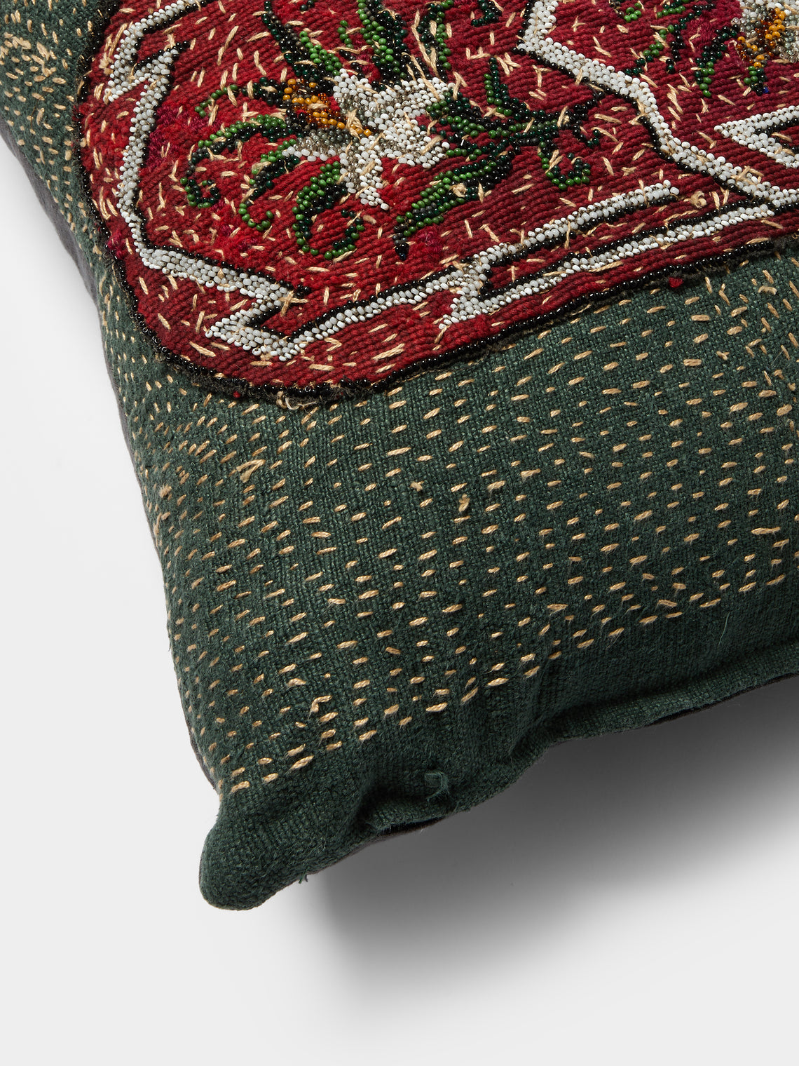 By Walid - 19th-Century Victorian Beaded Needlepoint Wool and Linen Cushion (21.5in/45cm) - Green - ABASK