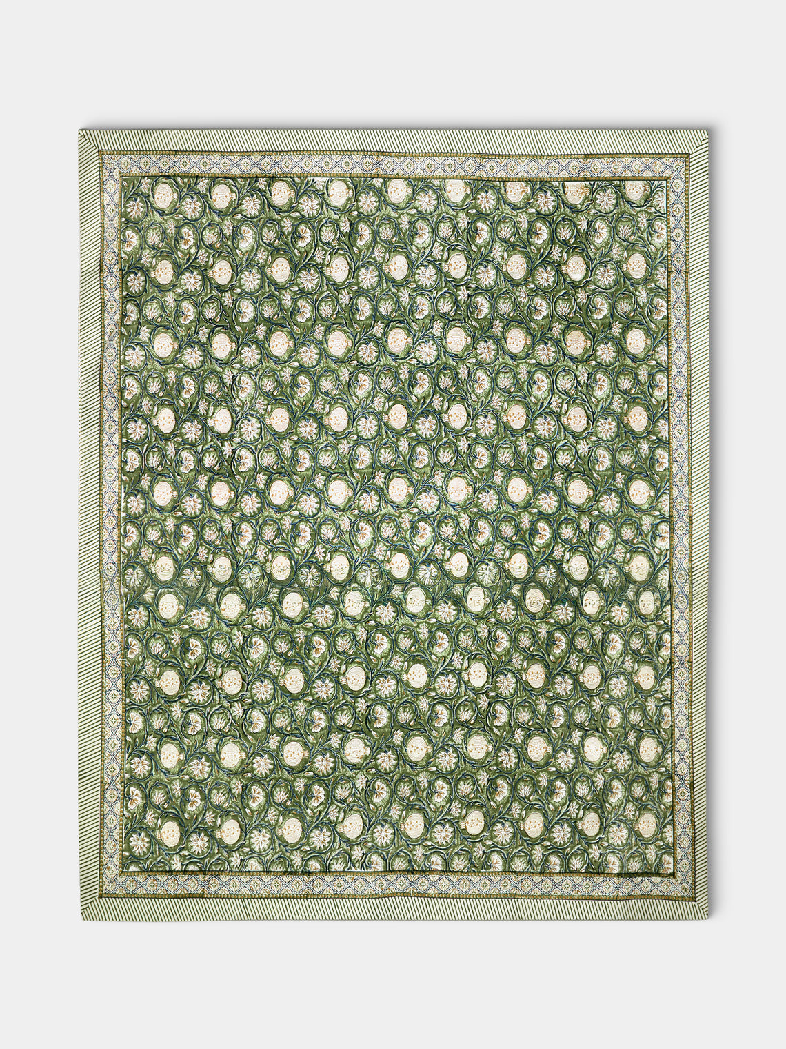 Chamois - Tangier Pomegranate Block-Printed Cotton Rectangular Tablecloth - Green - ABASK