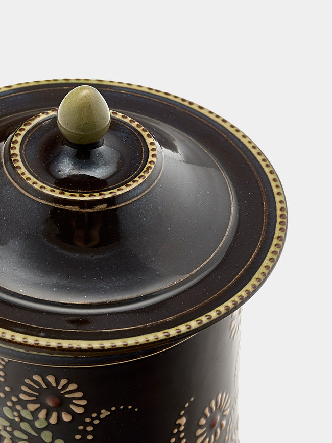 Poterie d’Évires - Flowers Hand-Painted Ceramic Small Lidded Jar - Dark brown - ABASK