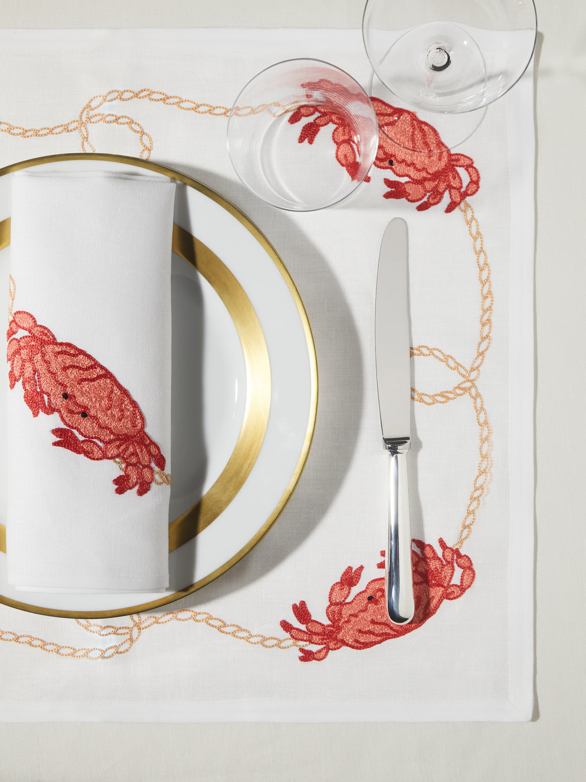Loretta Caponi - Crabs with Rope Hand-Embroidered Linen Placemats (Set of 2) -  - ABASK