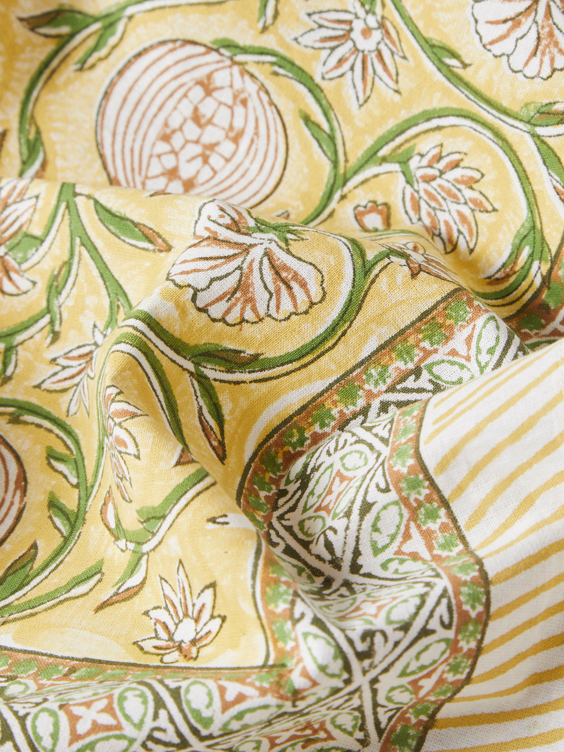 Chamois - Tangier Pomegranate Block-Printed Cotton Rectangular Tablecloth (90.5in/2.3m) - Yellow - ABASK