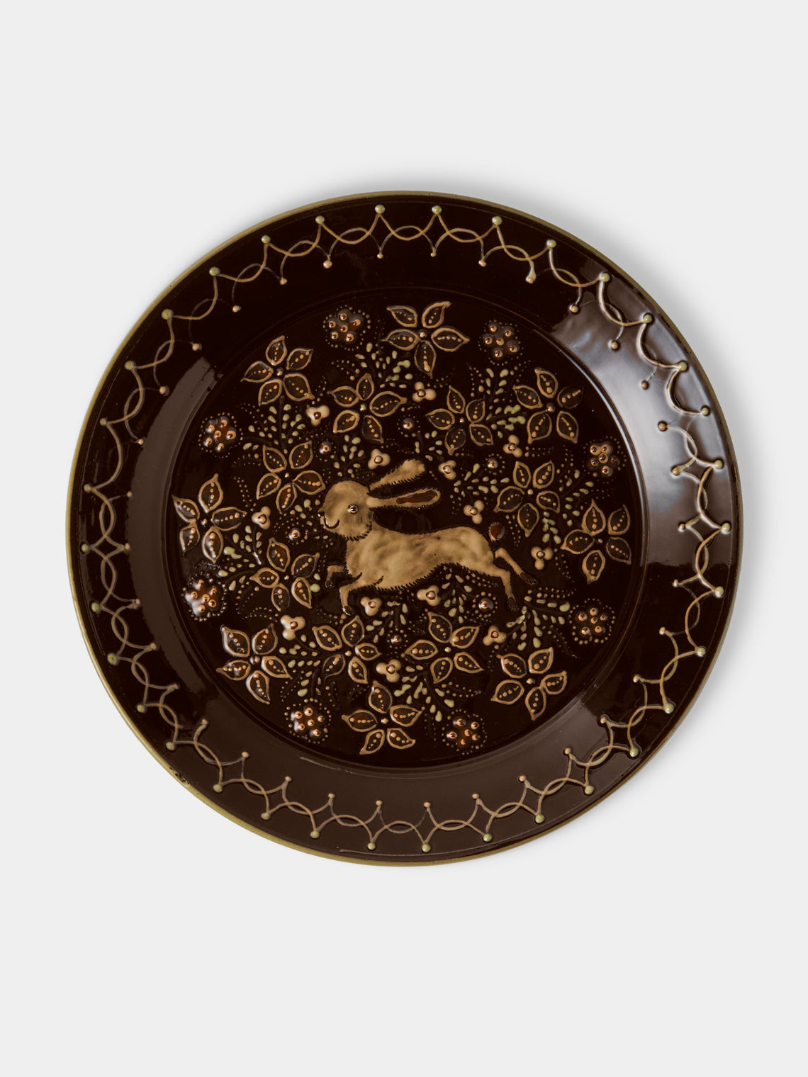 Poterie d’Évires - Rabbits Hand-Painted Ceramic Round Platter - Dark Brown - ABASK - 