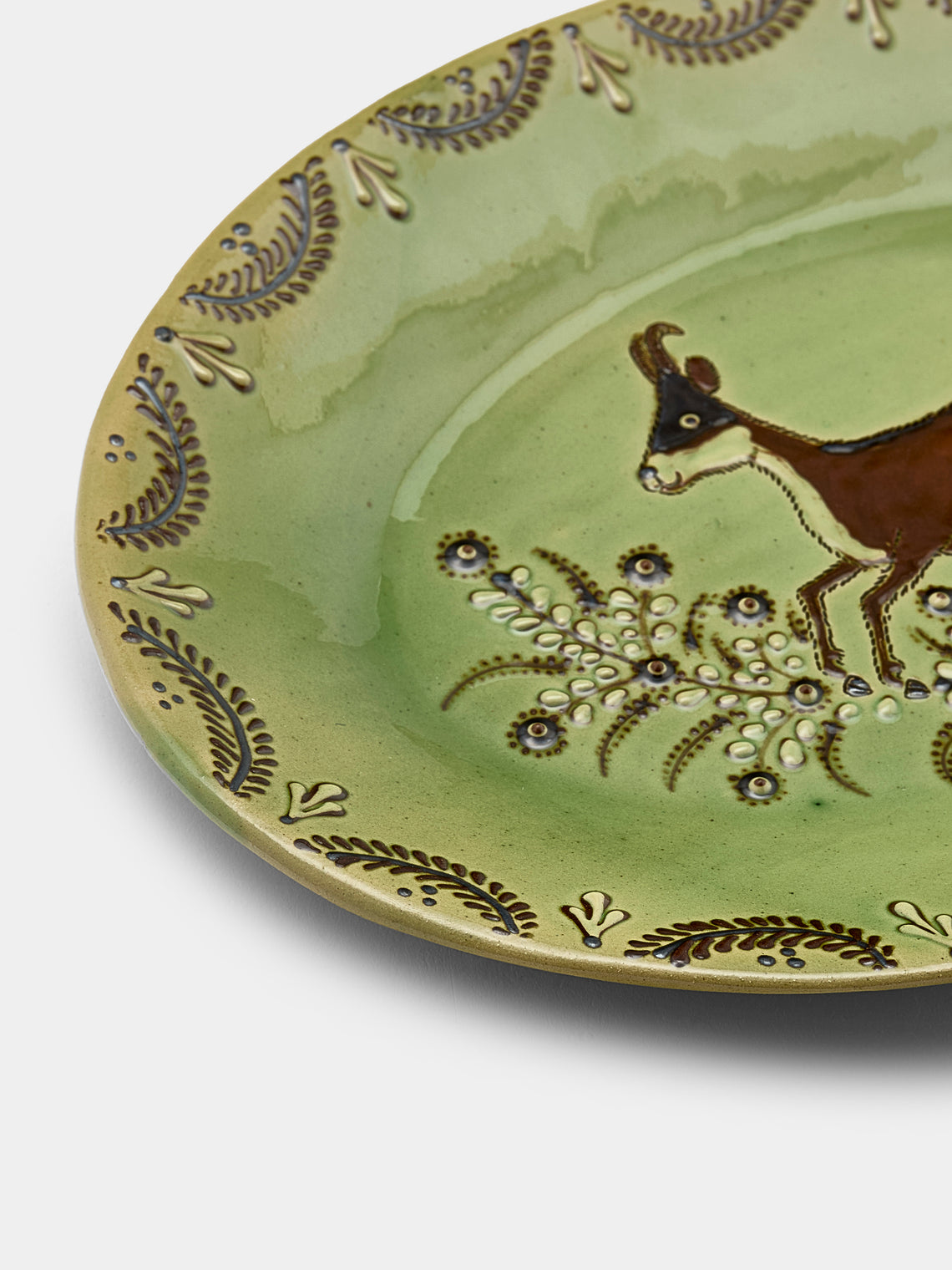 Poterie d’Évires - Rams Hand-Painted Ceramic Oval Platter - Green - ABASK