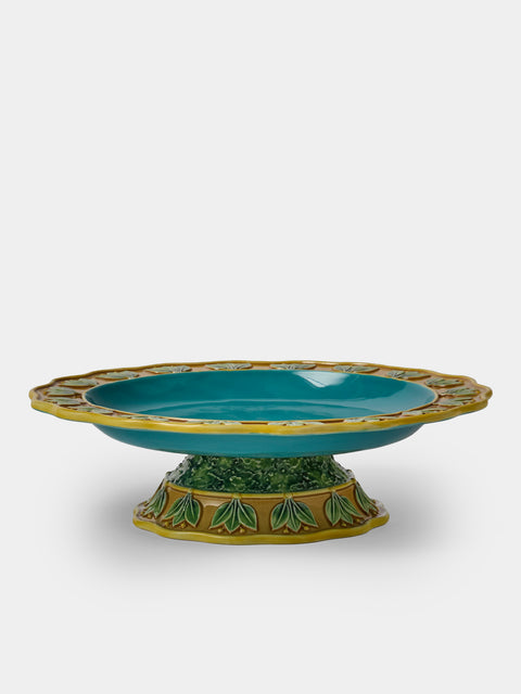 Verdolini - Chestnut Hand-Painted Majolica Ceramic Cake Stand - Blue - ABASK - 