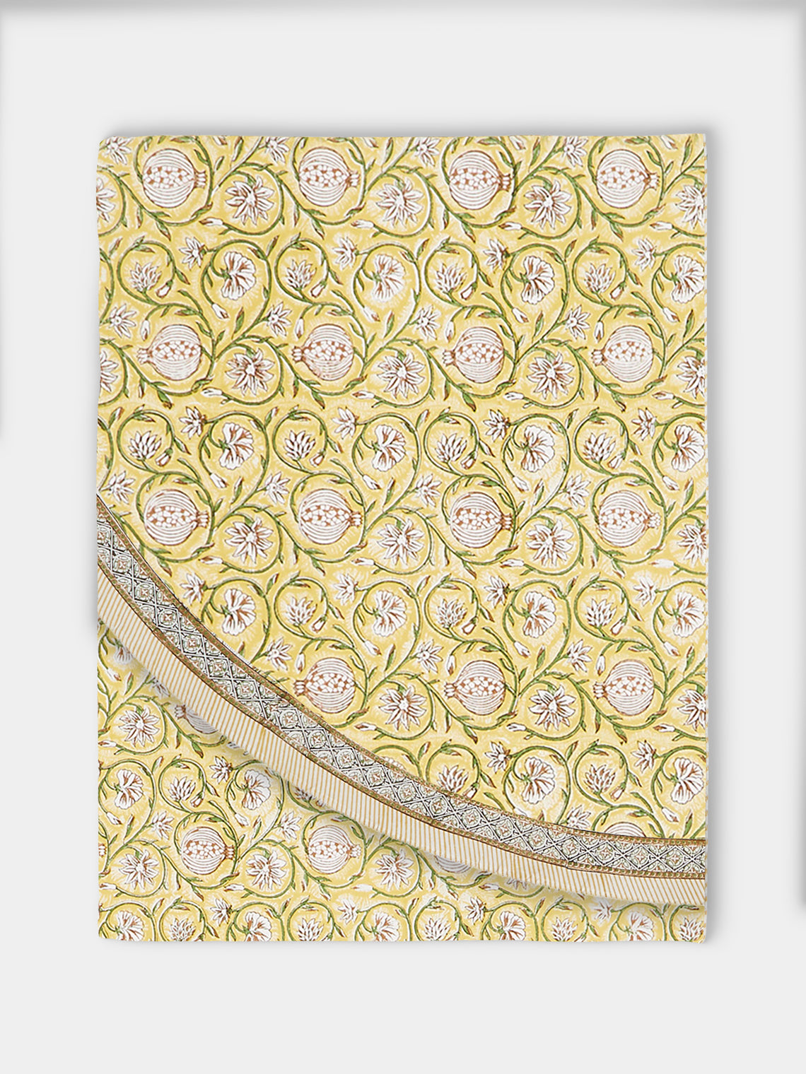 Chamois - Tangier Pomegranate Block-Printed Cotton Round Tablecloth (86.5in/2.2m) - Yellow - ABASK