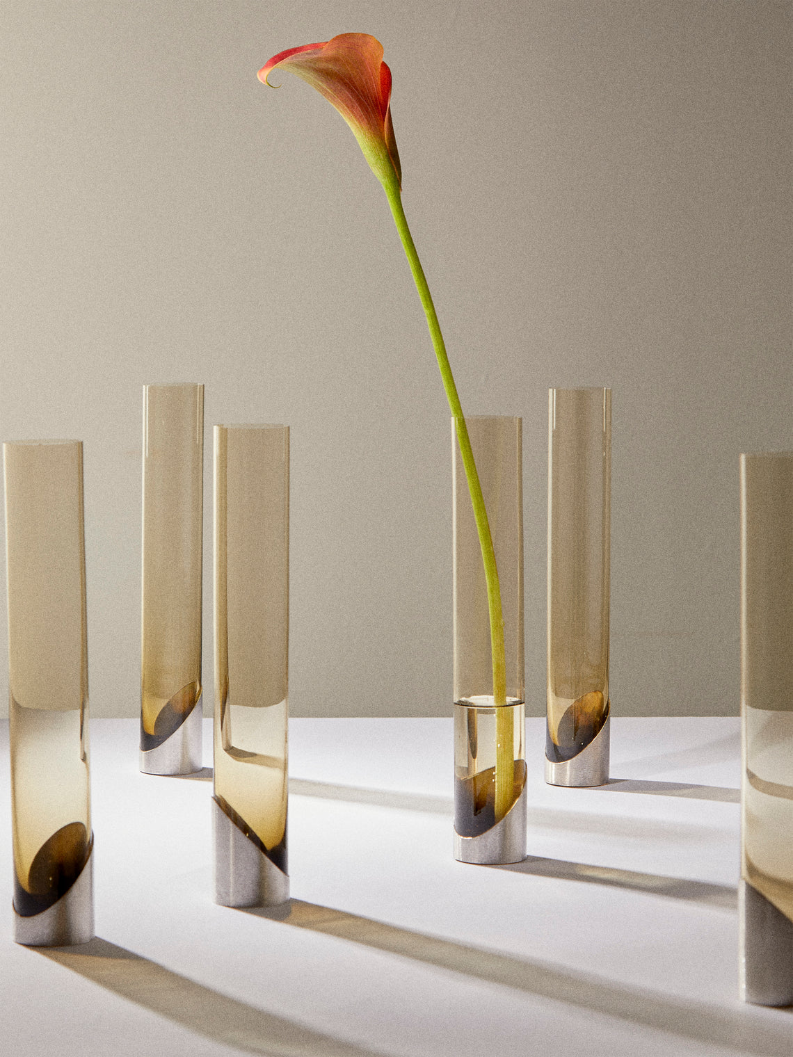 Antique and Vintage - | Set of 6 | 1970 Murano Glass and Sterling Silver Vases (10in/25cm) - Smoke - ABASK