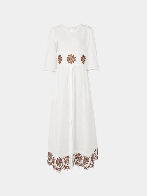 Loretta Caponi - Uva Embroidered Cotton Long Dress | Size: XS - White - ABASK - 
