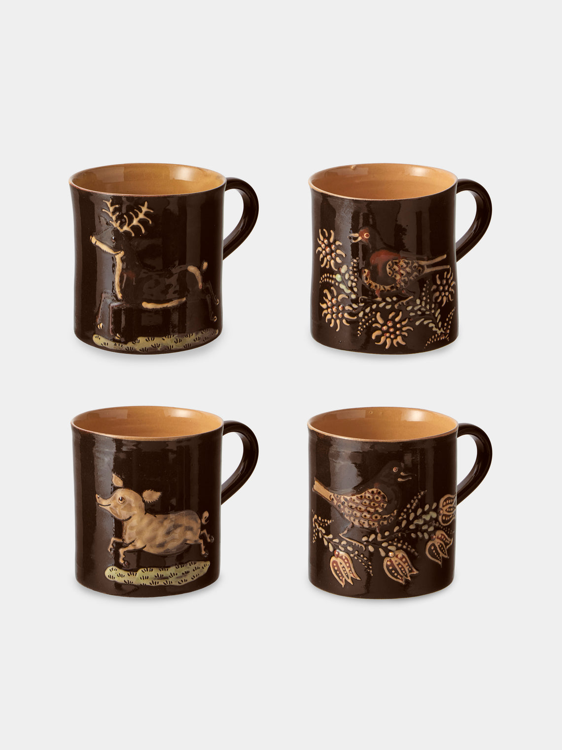 Poterie d’Évires - Animals Hand-Painted Ceramic Mugs (Set of 4) - Dark Brown - ABASK - 