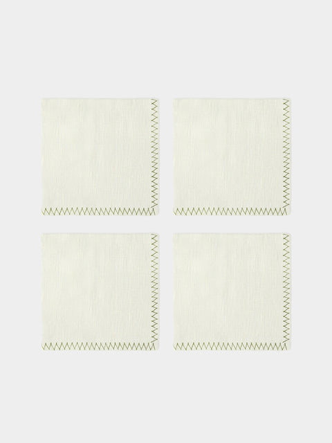 Anut Cairo - Zigzag Hand-Embroidered Linen Napkins (Set of 4) - Green - ABASK