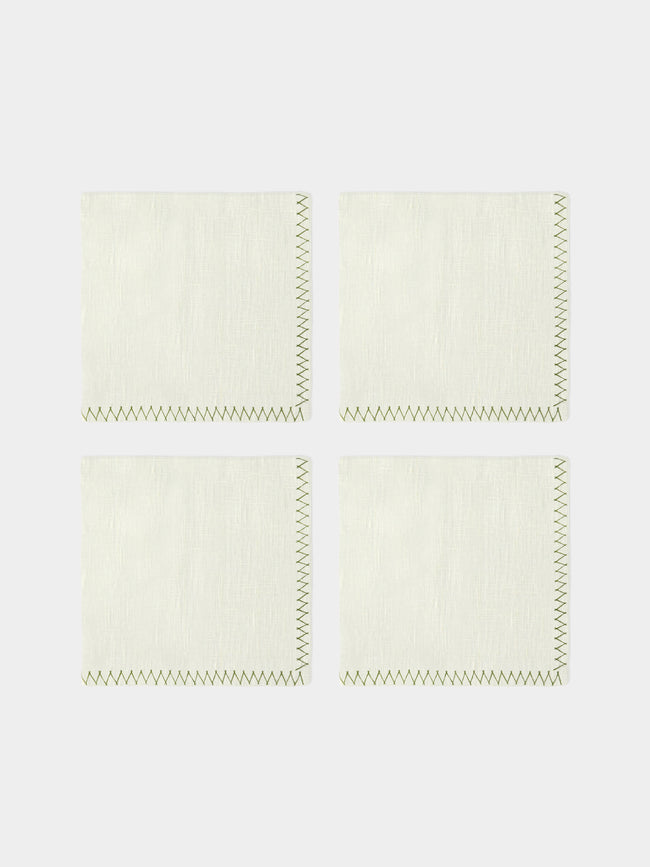 Anut Cairo - Zigzag Hand-Embroidered Linen Napkins (Set of 4) - Green - ABASK