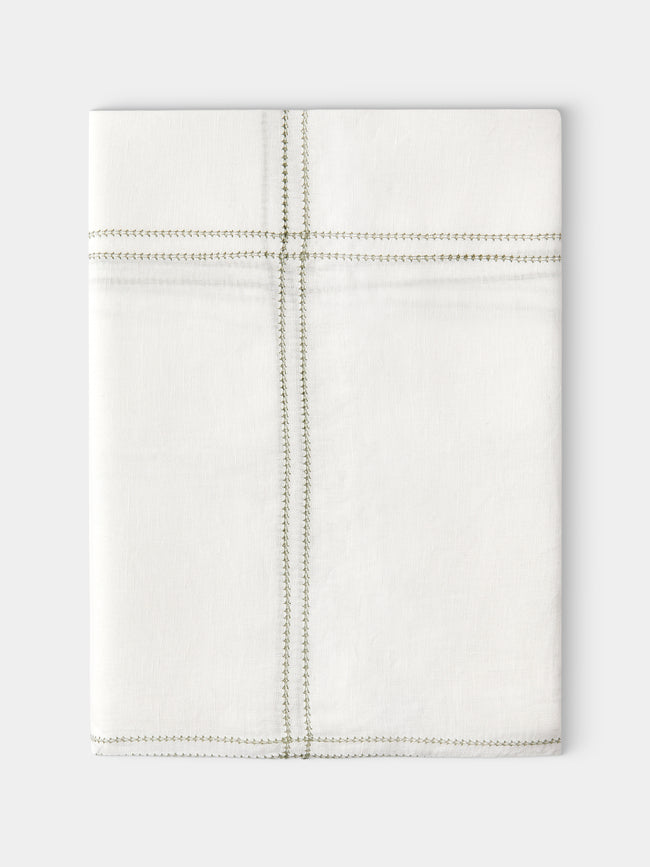 Volga Linen - Botanical Double Hem-Stitch Linen Check Rectangular Tablecloth (110in/2.8m) - White - ABASK - 
