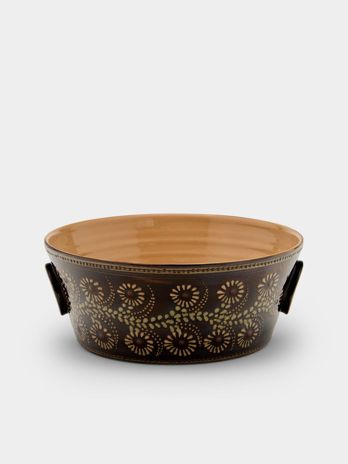 Poterie d’Évires - Flowers Hand-Painted Ceramic Large Handled Serving Bowl - Dark brown - ABASK - 