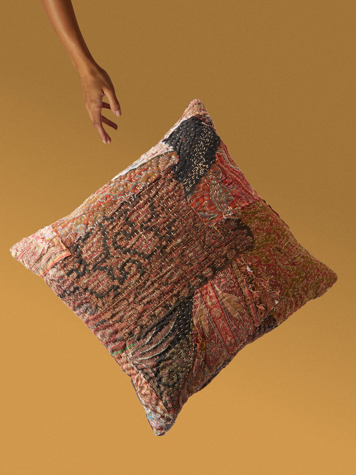 By Walid - 19th-Century Paisley Patchwork Wool and Damask Cushion (17.5in/45cm) - Multiple - ABASK