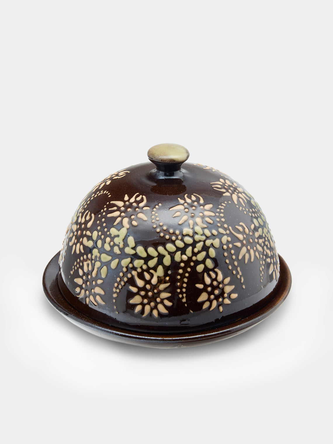 Poterie d’Évires - Flowers Hand-Painted Ceramic Small Butter Dish - Dark brown - ABASK - 