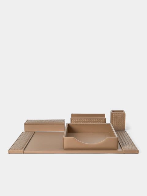 Riviere - Woven Leather Desk Tidy (Set of 5) - Beige - ABASK - 