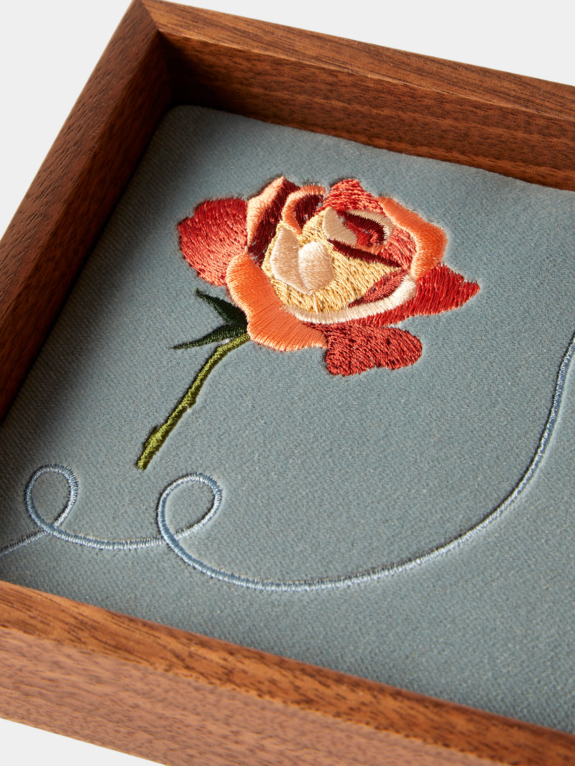 Uncommon Ancestor - Floriography Rose Embroidered Velvet Jewelry Tray (6.5in/17cm) - Light Blue - ABASK