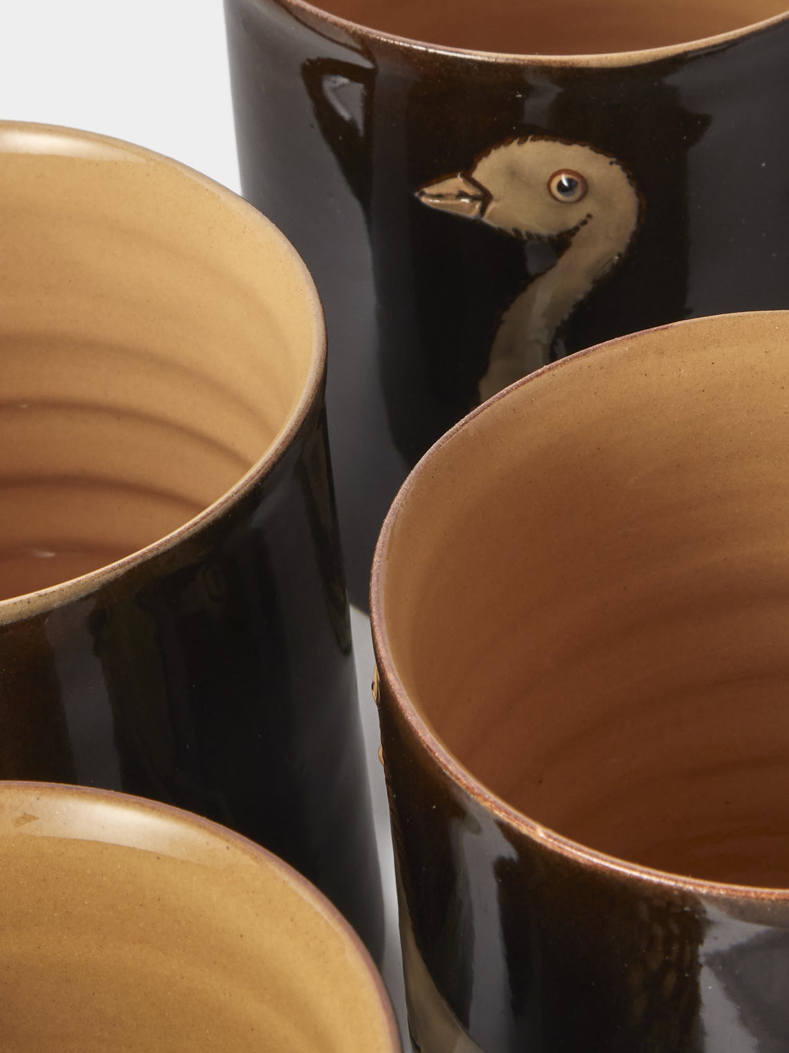 Poterie d’Évires - Animals Hand-Painted Ceramic Mugs (Set of 4) - Dark Brown - ABASK