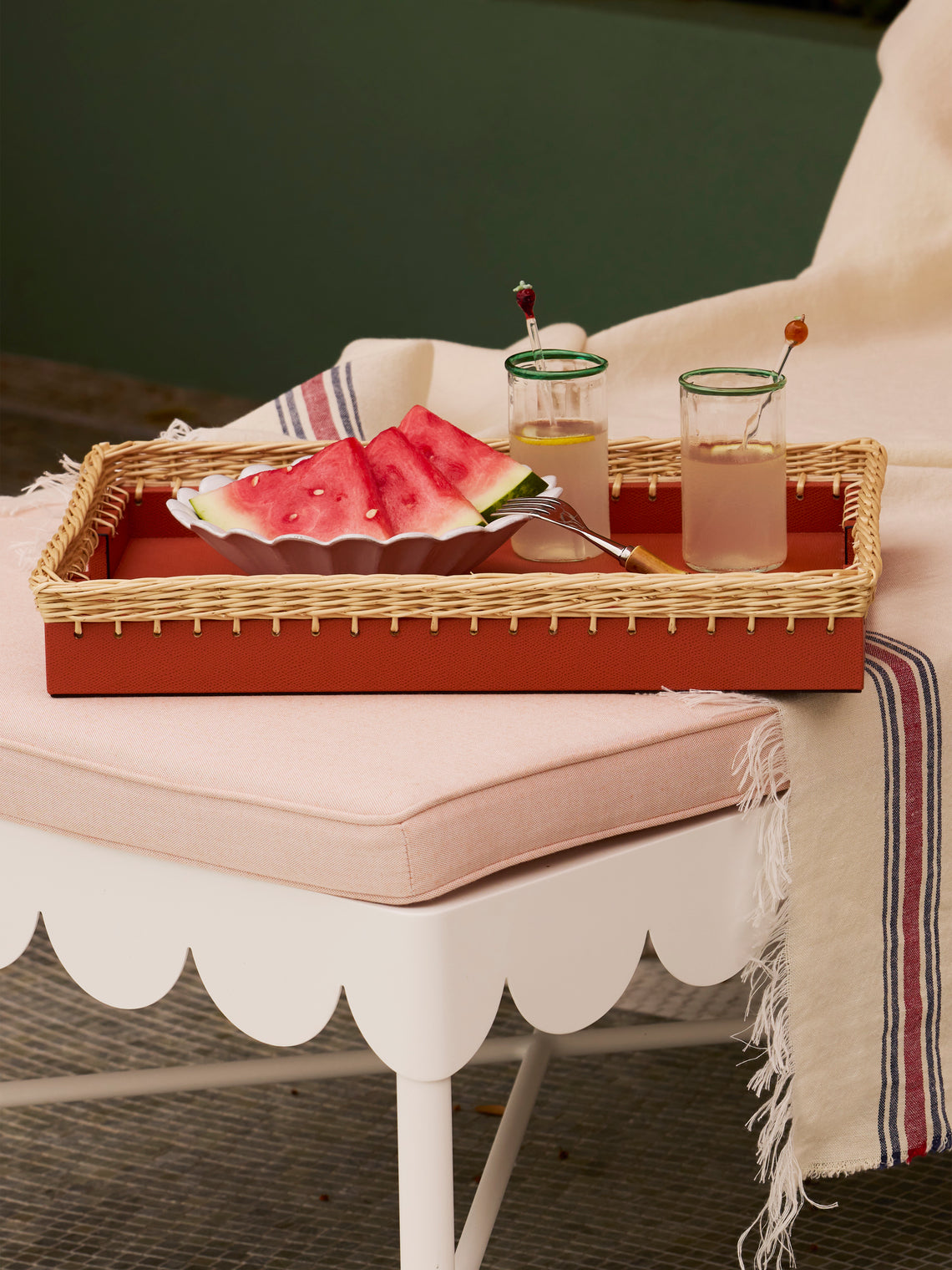 Pigment France - Giverny Leather and Rattan Tray (19in/49cm) - Red - ABASK