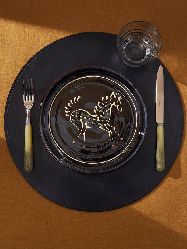 Poterie de Cliousclat - Horse Hand-Glazed Slipware Dinner Plates (Set of 4) - Black - ABASK