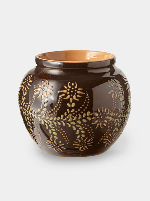 Poterie d’Évires - Flowers Hand-Painted Ceramic Vase (6.5in/17cm) - Dark Brown - ABASK - 