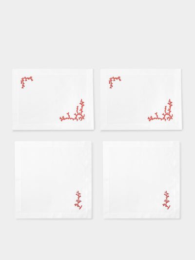 Loretta Caponi - Coral Ajour Hand-Embroidered Linen Placemats and Napkins (Set of 2) -  - ABASK - 