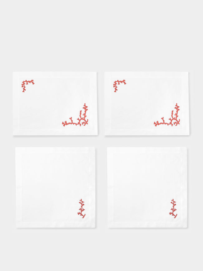 Loretta Caponi - Coral Ajour Hand-Embroidered Linen Placemats and Napkins (Set of 2) -  - ABASK - 