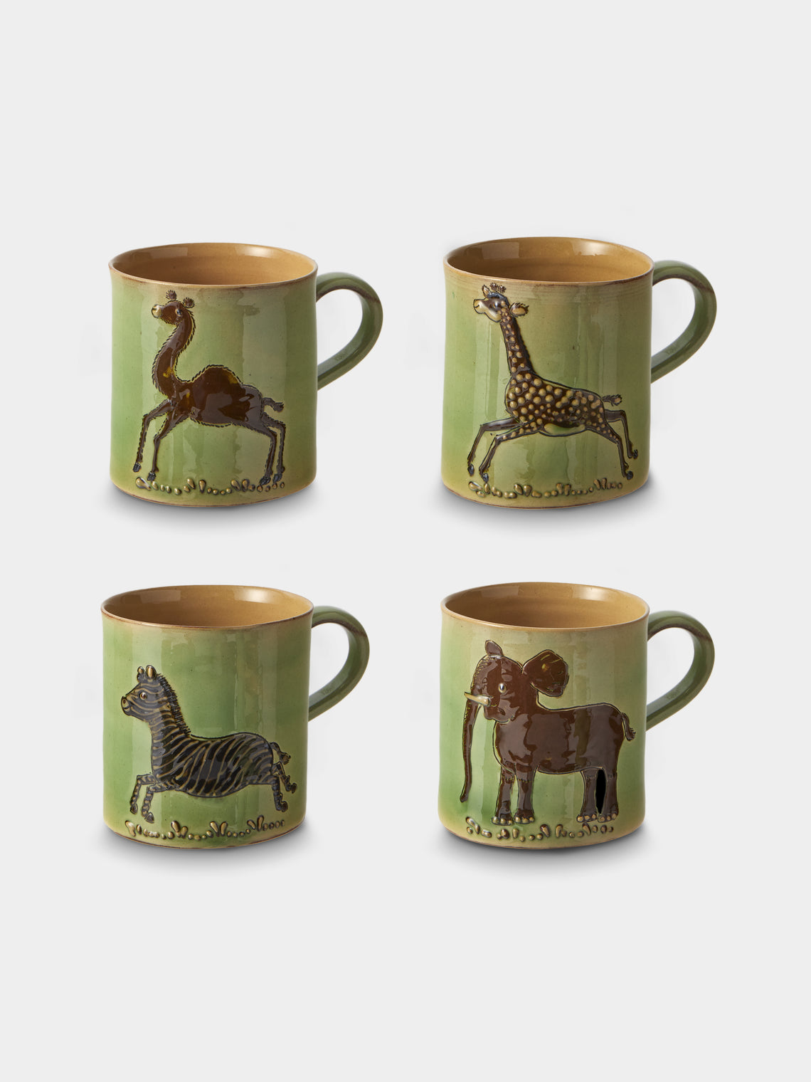 Poterie d’Évires - Animals Hand-Painted Ceramic Mugs (Set of 4) - Green - ABASK - 