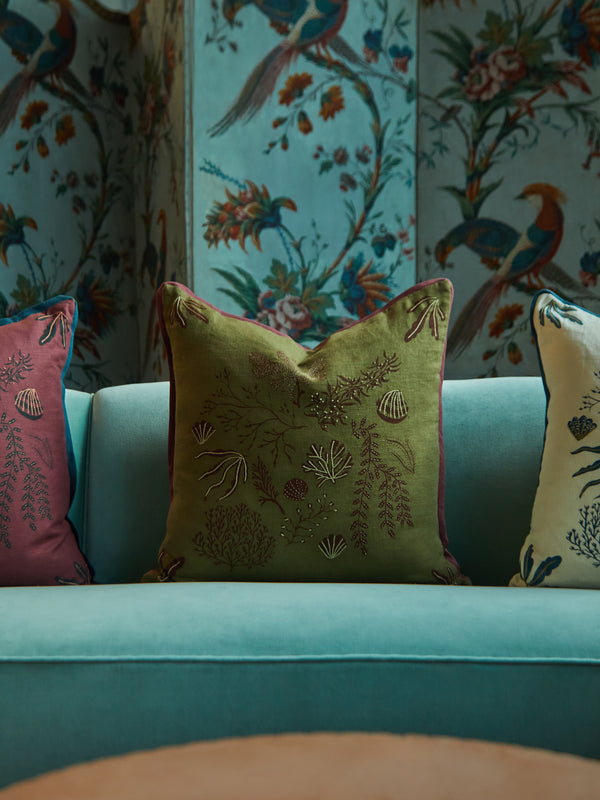 Rosemary Milner - Seaweed Hand-Embroidered Cotton Cushion -  - ABASK