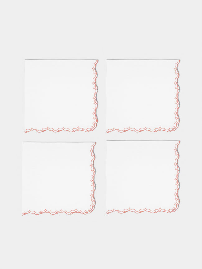 Los Encajeros - Escamas Embroidered Linen Napkins (Set of 4) - Coral - ABASK