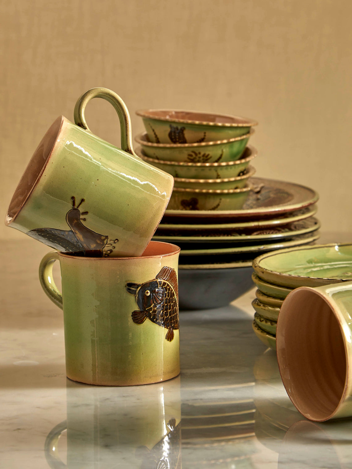 Poterie d’Évires - Animals Hand-Painted Ceramic Mugs (Set of 4) - Green - ABASK