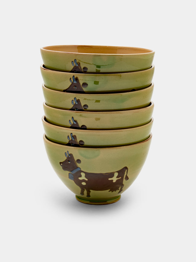 Poterie d’Évires - Cows Hand-Painted Ceramic Bowls (Set of 6) - Green - ABASK - 